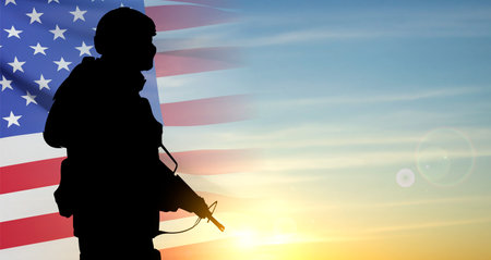 USA army soldier on a background of sunset. Veterans Day, Memorial Day, Independence Day background. eps10 vectorのイラスト素材