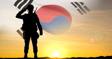 Silhouette of a soldier on background of sunset and flag of South Korea. eps10 vectorのイラスト素材