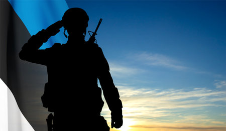 Silhouette of a saluting soldier on background of sky with Estonia flag. eps10 vectorのイラスト素材