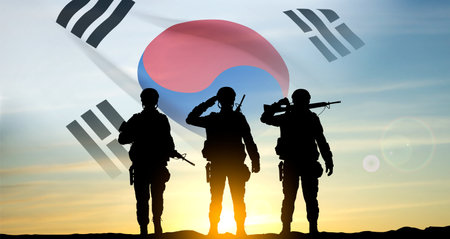 Silhouettes of a soldier on the background of sunset and flag of South Korea. Armed forces of South Korea concept. eps10 vectorのイラスト素材