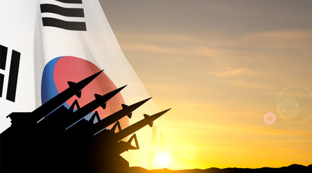 The missiles are aimed at the sky with South Korea flag against the sunset. eps10 vectorのイラスト素材