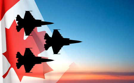 Military aircraft silhouettes with Canada flag against the sunset. eps10 vectorのイラスト素材