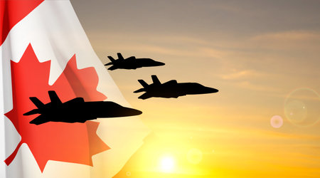 Military aircraft silhouettes with Canada flag against the sunset. eps10 vectorのイラスト素材