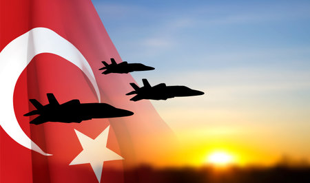 Military aircraft against the sunset and Turkey flag. Concept - Airforce. eps10 vectorのイラスト素材