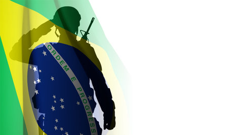 Silhouette of a saluting soldier on white background with Brazil flag. Armed Forces of Brazil concept. eps10 vectorのイラスト素材