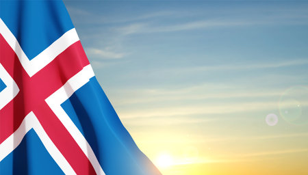 Flag of Iceland on background of sunset sky