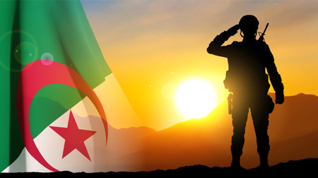 Silhouette of a soldier with Algeria flagのイラスト素材