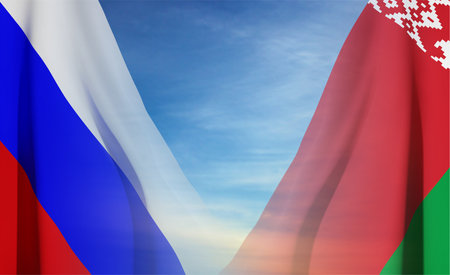 Belarus flag with Russia flag on background of skyのイラスト素材