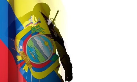 Silhouette of a soldier with Ecuador flagの写真素材