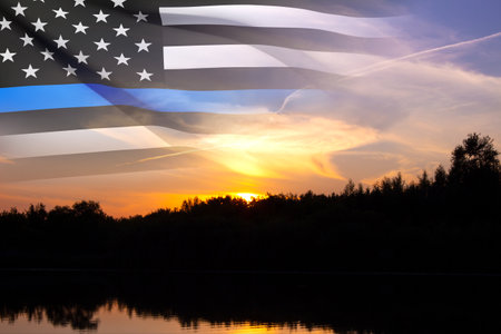 Thin Blue Line. American flag with police blue lineの写真素材