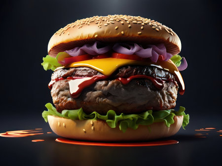Fresh tasty burger on dark background. Generative AIの素材