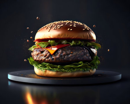 Fresh tasty burger on dark background. Generative AIの素材
