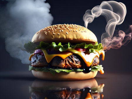 Fresh tasty burger on dark background. Generative AIの素材