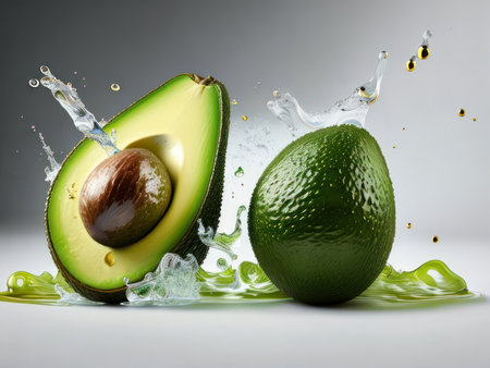 Water splashing on fresh sliced green avocado. Generative AIの素材
