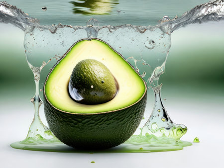 Water splashing on fresh sliced green avocado. Generative AIの素材