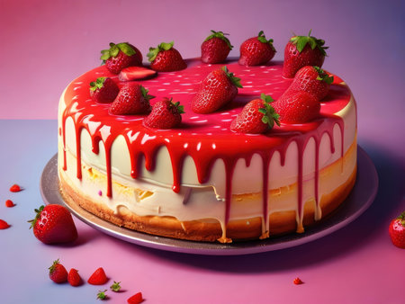Cheesecake with fresh strawberries on pink background. Generative AIの素材