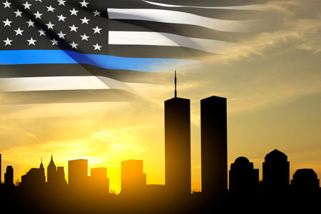New York skyline silhouette with Twin Towers and against the sunset. 09.11.2001 American Patriot Day bannerの写真素材