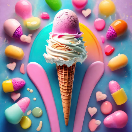 Ice cream dessert on a brright colorful background. Generative AIの素材