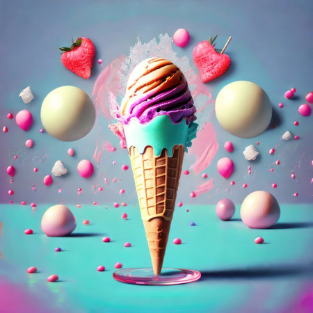 Ice cream dessert on a brright colorful background. Generative AIの素材