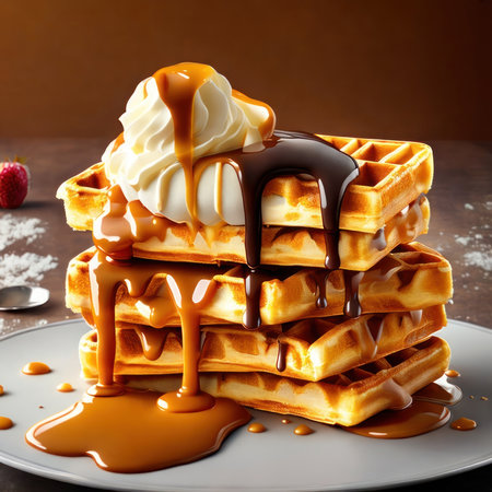 Waffles with chocolate and caramel. Generative AIの素材