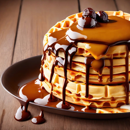 Waffles with chocolate and caramel. Generative AIの素材