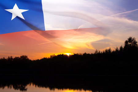 Chile flag against the sunset. Patriotic backgroundの写真素材