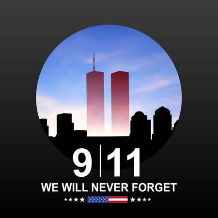 New York skyline silhouette with Twin Towers. 09.11.2001 American Patriot Day banner. NYC World...