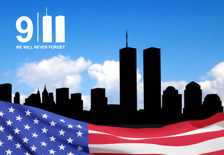 New York skyline silhouette with Twin Towers on background of sky. 09.11.2001 American Patriot Day...