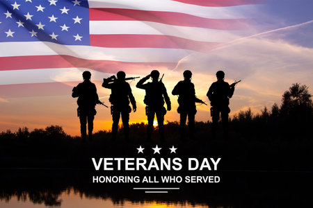 Silhouettes of soldiers with USA flag against the sunset. Greeting card for Veterans Day, Memorial...