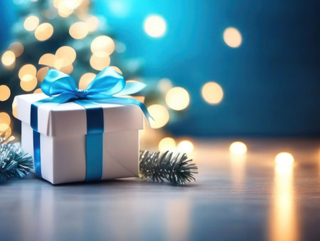 Merry Christmas and Happy New Year design. Gift box on glowing background. Generative AIの素材