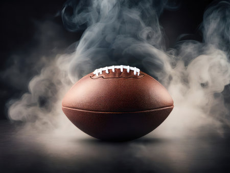 American football ball on dark background with smoke. Generative AIの素材