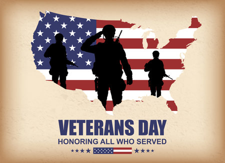 Veterans day poster. Silhouette of US military saluting soldier.のイラスト素材