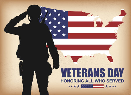 Veterans day poster. Silhouette of US military saluting soldier.のイラスト素材