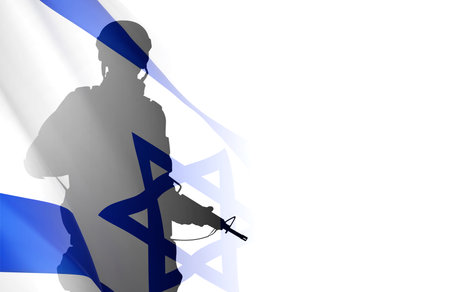 Silhouette of soldier with Israel flag on white background. Concept - armed forces of Israel.のイラスト素材