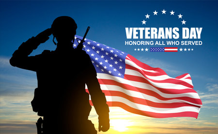 Silhouette of soldier with USA flag against the sunset. Greeting card for Veterans Day, Memorial Day, Independence Dayの写真素材