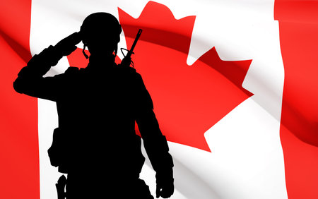 Silhouette of saluting soldier with Canada flag.のイラスト素材