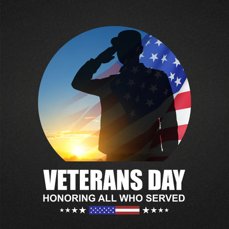 Veterans day poster. Silhouette of US military saluting soldierの写真素材