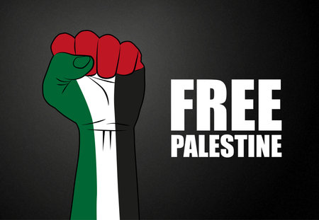 Free Palestine poster. Hand fist with the colors of Palestine flagの写真素材