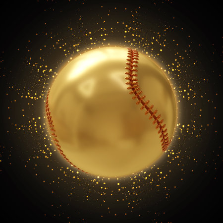Golden baseball ball on black glowing background. 3d-renderingの写真素材