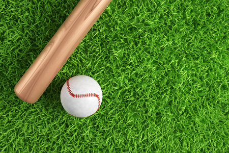 Baseball ball and bat on green grass with copy space. 3d-renderingの写真素材