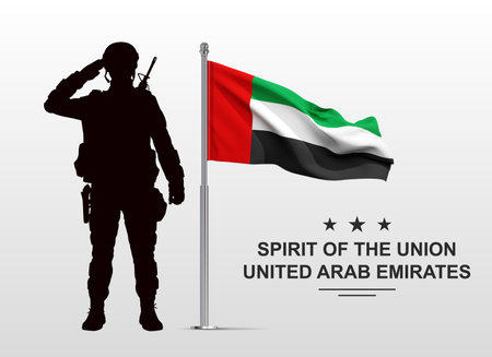 Silhouette of saluting soldier with the flag of UAE on white background. Armed forces of United Arab Emirates. Concept for Commemoration Day, Martyrs Day, National Dayの写真素材