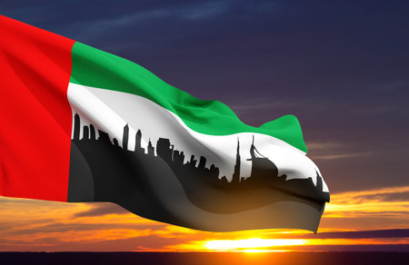 UAE flag with Dubai city skyline on white stripの写真素材