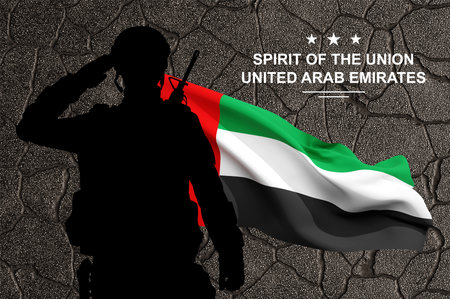 Silhouette of saluting soldier with the flag of UAE. Armed forces of United Arab Emirates. Concept for Commemoration Day, Martyrs Day, National Day. 3d-renderingの写真素材