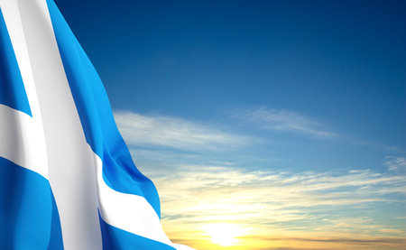 Scotland flag against the sunset skyの写真素材