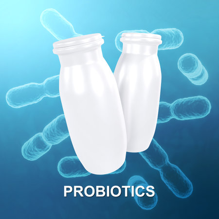Probiotic products. Concept - Yoghurt with probiotic content. Microbiome on blue background. 3d-renderingの写真素材