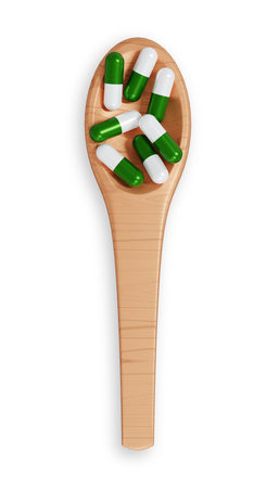 Pills on wooden spoon on white background. Healthy and medicine concept. Pharmaceutical medicine pills or dietary supplement healthcare product. 3d-renderingの写真素材