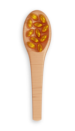 Pills on wooden spoon on white background. Healthy and medicine concept. Pharmaceutical medicine pills or dietary supplement healthcare product. 3d-renderingの写真素材