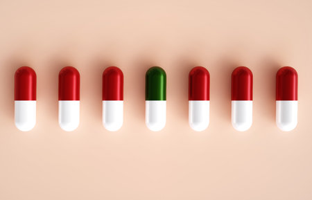 Medical capsules in a line on beige background. Top view. Preventive medicine and healthcare, dietary supplements and vitamins. 3d-renderingの写真素材