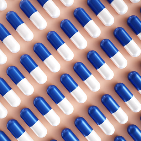 Medical capsules in a line on beige background. Top view. Preventive medicine and healthcare, dietary supplements and vitamins. 3d-renderingの写真素材