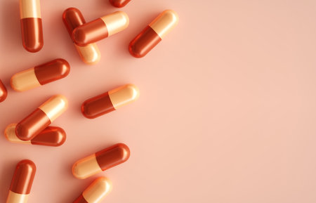 Medical capsules on beige background. Top view. Preventive medicine and healthcare, dietary supplements and vitamins. 3d-renderingの写真素材